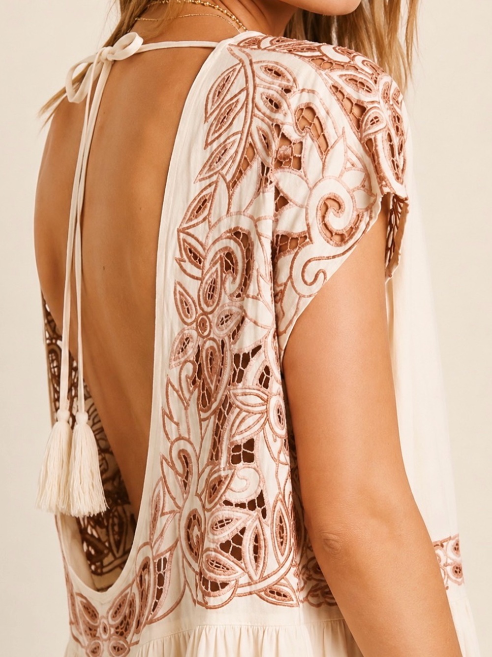 Free People Ayu Nude Floral Cutout Tunic Dress Medium Boho Festival Oversized - Picture 5 of 12